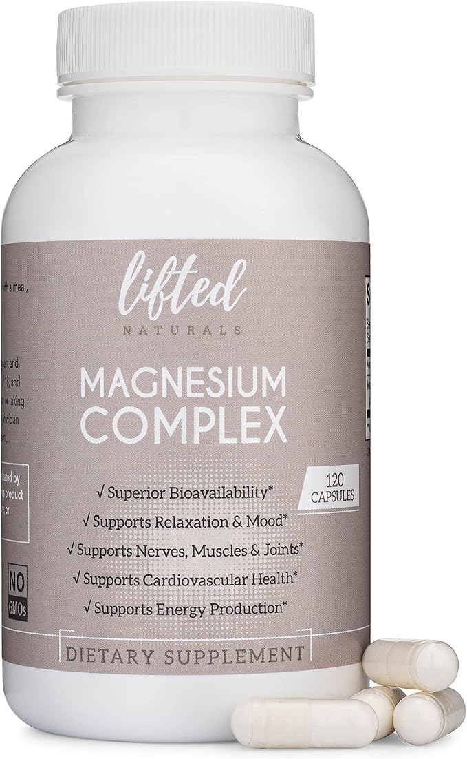 Magnesium Complex - Lifted Naturals Magnesium Supplement w/Bisglycinate Malate Taurate - 120 Capsules - Bioavailable Magnesium Formula for Mood Sleep Energy Support*
