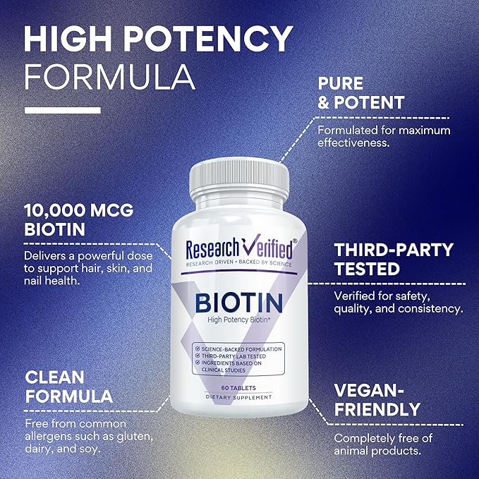 Research Verified Biotin – Pure Extra Strength Biotin 10000mcg – Hair Skin and Nails Vitamin – Third-Party Tested Made in USA – 60 Vegan Tablets