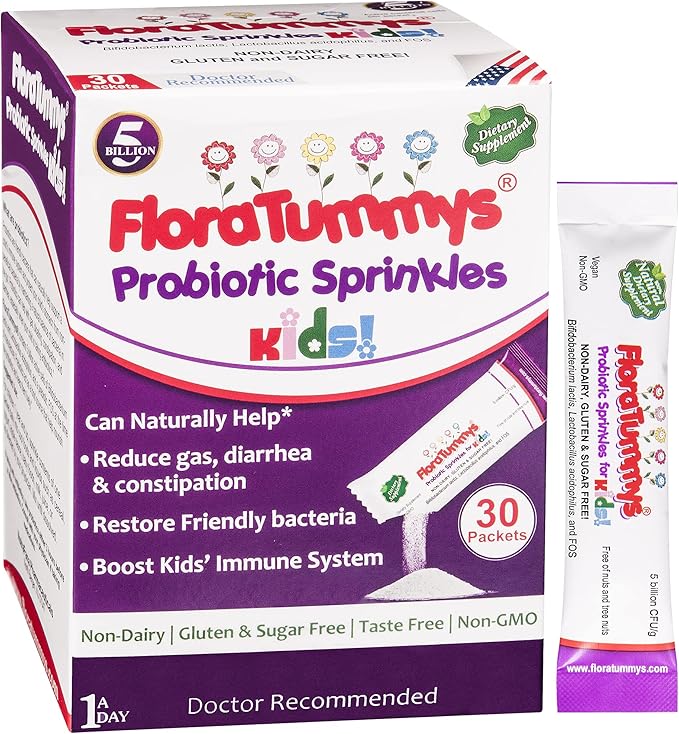 FloraTummys Probiotic Sprinkles for Kids: 30 Taste-Free Powder Packets Free of Food Allergens Non-Dairy Gluten Free Sugar-Free Non-GMO Vegan