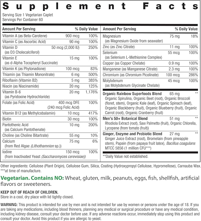 Rainbow Light Mens Multivitamin One + for 50 Plus | 60 Caplets | Supports Muscle Health | with Vitamins C D and Zinc | Real Food Nutrients Digestive Enzymes &amp Probiotics