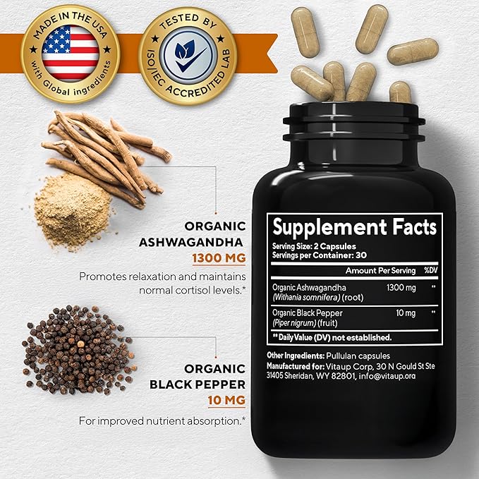 Ashwagandha Capsules 1310mg with Black Pepper - USA Made Ashwagandha Supplements for Relaxation Support Normal Cognitive Function &amp Balanced Energy Levels – 60 Caps