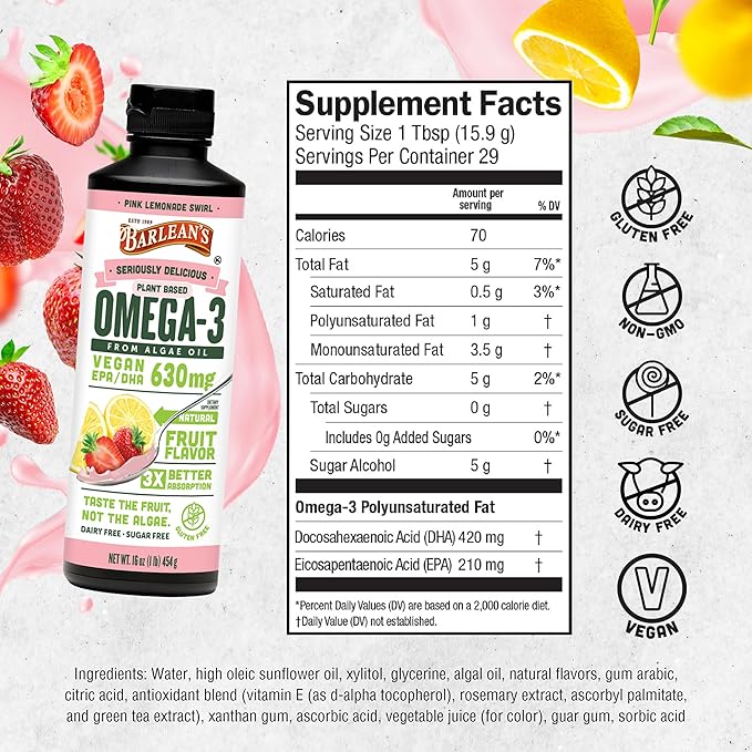 Barlean's Pink Lemonade Vegan Omega 3 Supplement Liquid Algae Oil with 630 mg EPA &amp DHA Plant Based Omegas from Algal Oil Non-GMO &amp Gluten Free 16 oz