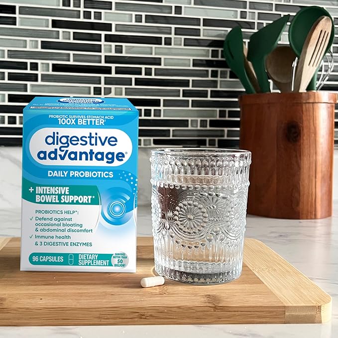IBS Daily Probiotic Capsules for Digestive Health &amp Gut Health Digestive Advantage Probiotics For Men and Women (96 count box) - Digestible Enzymes