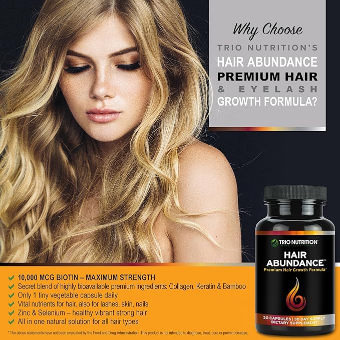 TRIO NUTRITION Hair Abundance | Natural Vitamin Supplement for Hair Growth Strong Nails and Smooth Skin| Boosted with Collagen Keratin Zinc &amp Selenium | Biotin 10000mcg | 30 Day Supply