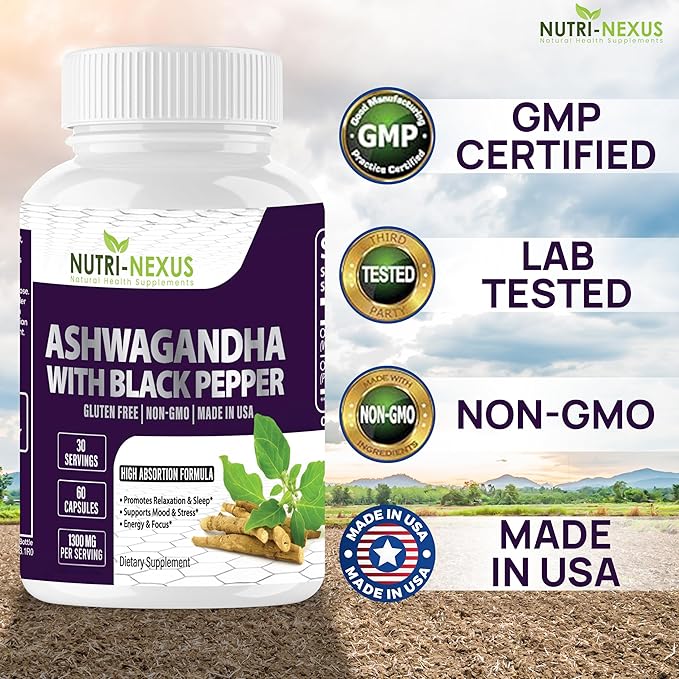 Ashwagandha with Black Pepper – 1300mg Organic Root Extract | Sleep Aid Cortisol &amp Hormone Support for Women &amp Men | Vegan Non-GMO Gluten-Free | 60 Capsules – Made in USA