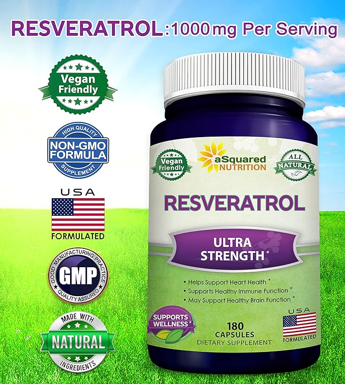 100% Natural Resveratrol - 1000mg Per Serving Max Strength (180 Capsules) Antioxidant Supplement Trans-Resveratrol Pills for Heart Health &amp Pure Polyphenols (Pack of 2)