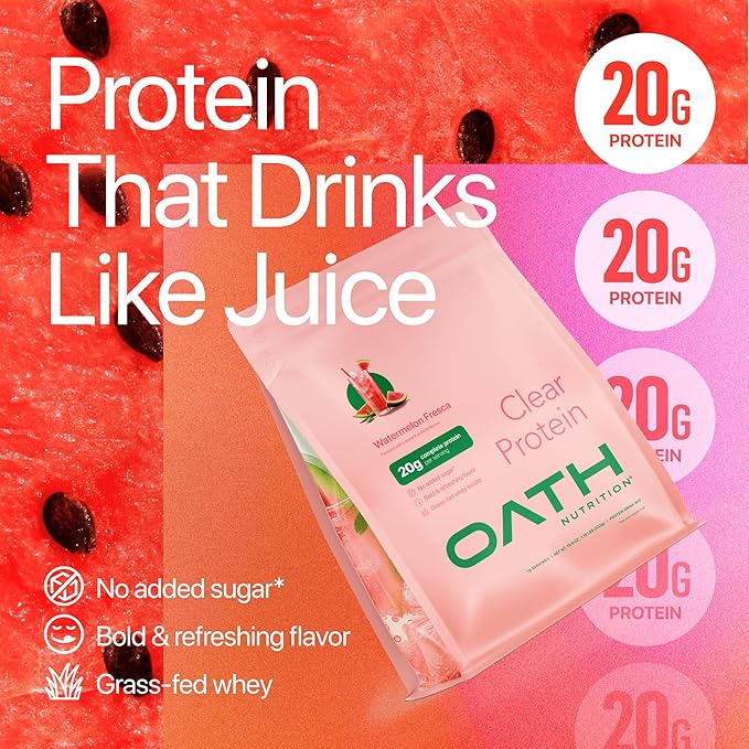 Oath Nutrition Clear Whey Isolate Protein Powder Watermelon Fresca 20g Complete Protein per Serving No Added Sugar Grass-Fed 18 Servings