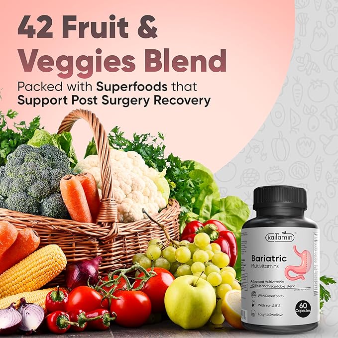 Bariatric Multivitamin with Iron - Easy-to-Swallow Capsule for Post Bariatric Surgery - Post Sleeve and Post Bypass with 42 Fruit &amp Veggies Blend - 60 + 120 Liquid Capsules
