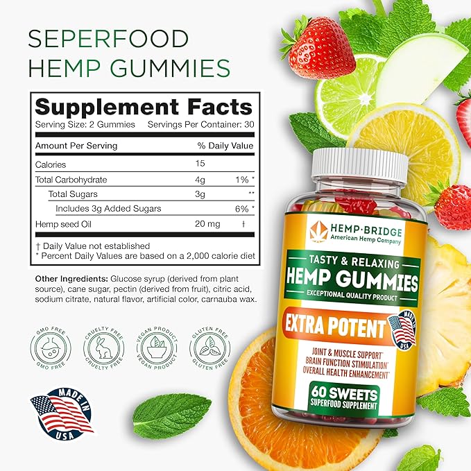 Hemp Gummies - Made in USA - Omega 3 Supplement with Hemp Oil - Fruity Gummies for Joints Muscles Relax Calm Sleep Skin and Nails