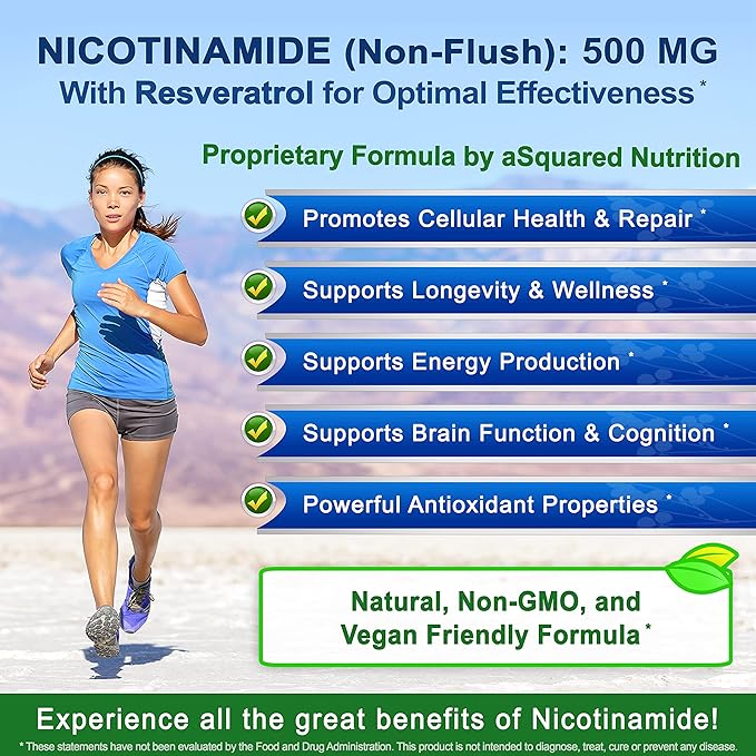 aSquared Nutrition Nicotinamide with Resveratrol - 120 Veggie Capsules - Vitamin B3 500mg (Niacinamide Flush Free) - Supplement Pills to Support NAD Skin Cell Health &amp Energy (Pack of 2)