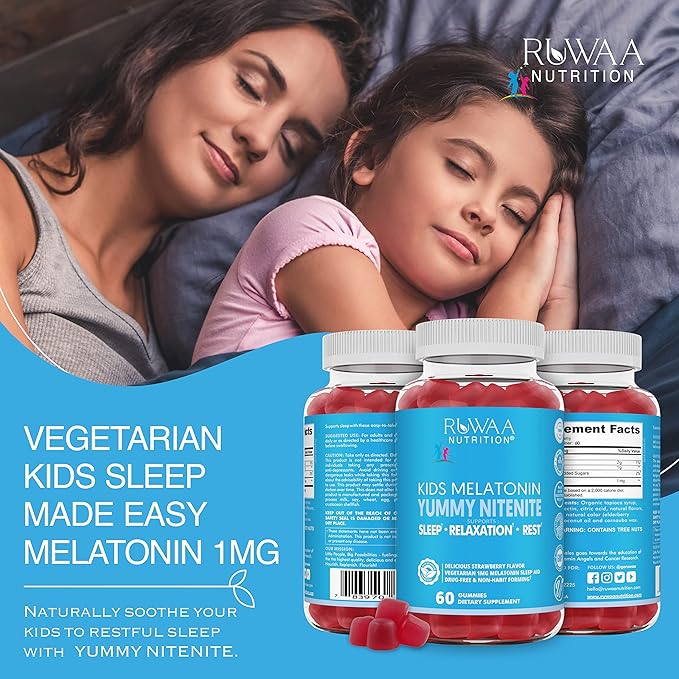 RUWAA NUTRITION Melatonin Kid Gummies. Chewable Safe Drug-Free &amp Effective Children's Sleep Aid &amp Teens. 1mg Melatonin Gummy Gluten-Free Vegetarian Restful Sleep Supplement for Ages 4+. 60c