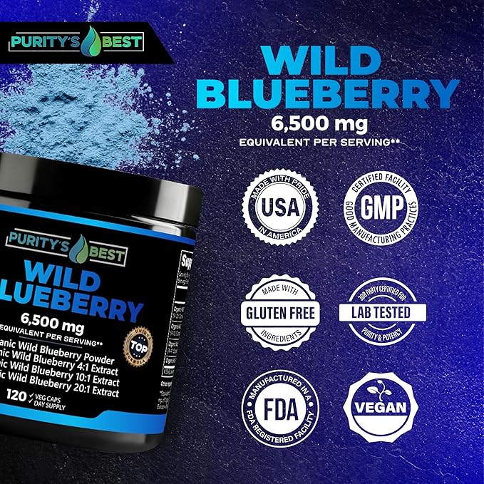 Purity’s Best Wild Blueberry Extract 6500 mg Strength 120 Vegan Capsules Rich in Flavonoids &amp Anthocyanins Antioxidant Support for Brain &amp Heart Health 4-Month Supply Non-GMO