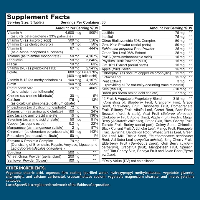 Dr. Tobias Adult Multivitamin for Women &amp Men Immune Supporting Vitamins from 42 Fruits Vegetables Plus Probiotics Vegan Multivitamins for Men &amp Women Non-GMO 90 Tablets 30 Servings