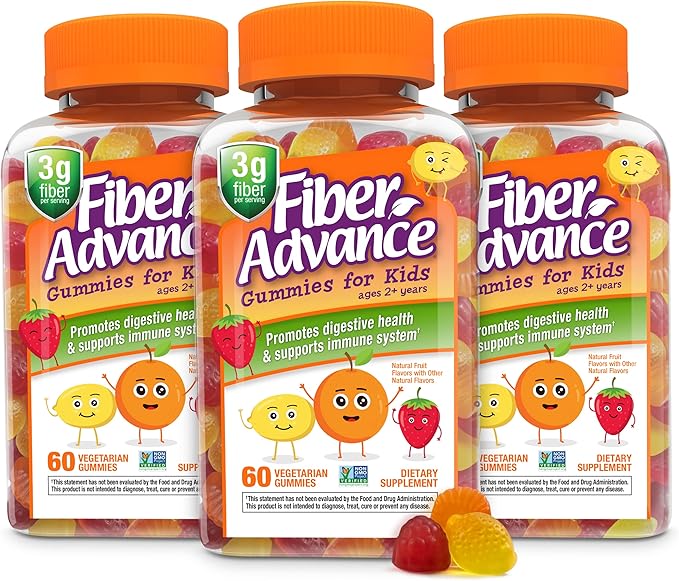 Fiber Advance Gummies | 100% Plant Based Fiber Supplement for Digestive Health | Chicory Root Inulin Prebiotic Gummies | Gluten Free Vegetarian &amp Non-GMO (Kids 3-Pack)
