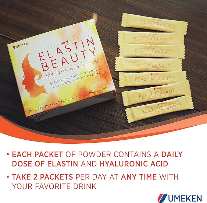 Umeken Elastin Beauty Powder Supplement with Collagen Peptides Hyaluronic Acid Vitamin C and Mangosteen Fruit Women’s Health and Wellness 2 Month Supply 120 Packets