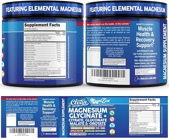 Clean Nutra Magnesium Glycinate Citrate Malate Orotate Taurate Supplement Complex + 10 Strain Probiotic Prebiotics FOS GOS Inulin Sleep Calm Support Apple Pectin – 120 Vegan Capsules