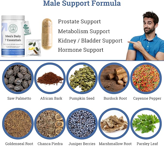 Daily 7 Essentials Men's Vitamin Pack - 7 Pack Adult Male Multivitamin &amp Multimineral Pack for Energy Metabolism Immune System Support Prostate Support with Probiotic Digestive Enzymes