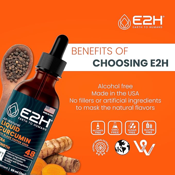 E2H Turmeric Curcumin Drops with Black Pepper - Boost Your Health - Joint Support Supplement - Vegan - Non-GMO - (2 Bottles)