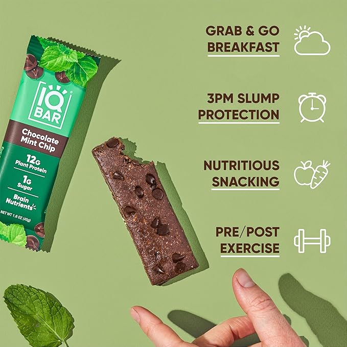 IQBAR Clean Plant Protein Bars - Chocolate Mint Chip - 12 Count - Keto Vegan High Fiber Gluten and Dairy Free Low Sugar Snack - Brain and Body Nutrients for Focus Energy Meal Replacement