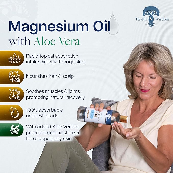 Health &amp Wisdom Pure Magnesium Oil with Aloe Vera - Topical Muscle &amp Joint Relief- Natural and Pure USP Grade Extra Strength Magnesium - Enhanced Absorption - 64 fl oz