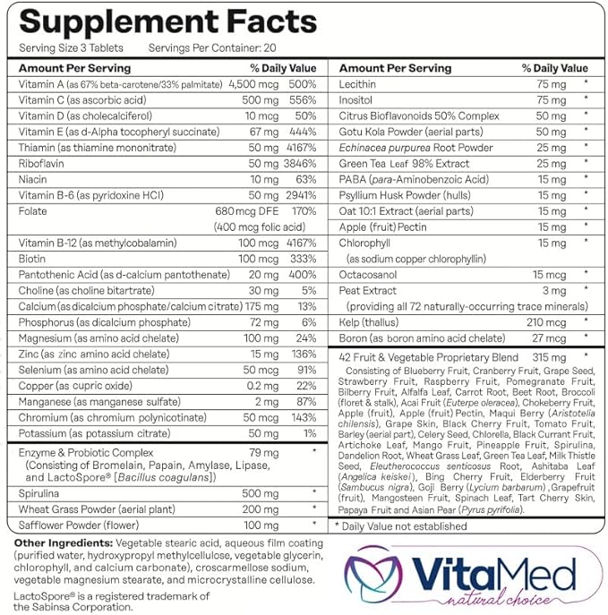 Vita Forte Vegan Multivitamin with Probiotics Digestive Enzymes &amp 42 Fruits &amp Vegetables – Halal Certified Non-GMO Gluten-Free Daily Energy &amp Immune Support – 60 Vegan Tablets