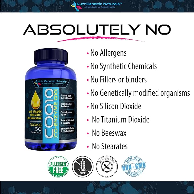 CoQ10 Coenzyme Q10 Highest Absorption with Organic Olive Oil 100mg 60 Softgels Ubiquinone Ubiquinol Supports Heart Health Increases Energy Pure Natural Effective