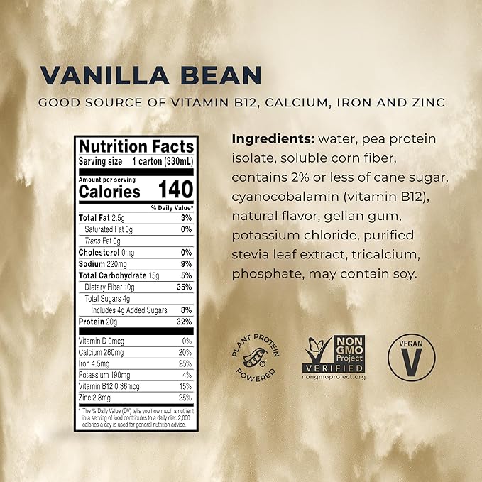 Evolve Plant Based Protein Shake Vanilla Bean 20g Vegan Protein Dairy Free No Artificial Sweeteners Non-GMO 10g Fiber 11 Fl Oz (Pack of 12) (Formula May Vary)
