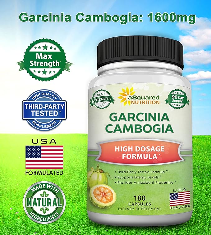 aSquared Nutrition Garcinia Cambogia 1600mg-180 Capsules-Natural Pure Extract Pills for Brain Health- Standardized Ultra HCA &amp Garcinia Cambogia Supplement Alternative to Gummies Drops Tea &amp