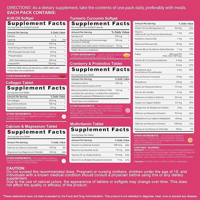 Multivitamin for Women with Vitamin ABCD3EK2Biotin CollagenKrill OilCranberries Supports EnergyWellnessBeauty and Immune - Vitamin Packs for Women Health 2 PCS-60 Packs