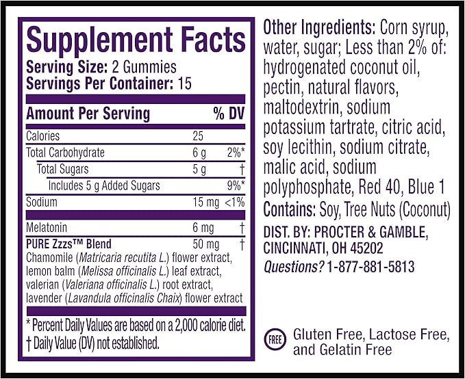 ZzzQuil Pure Zzzs Melatonin Natural Flavor Sleep Supplement Gummies with Chamomile Lavender &amp Valerian Root 6mg per Serving 30 Gummies (Pack of 2)