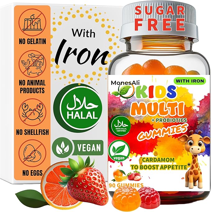 Kids Multivitamin Gummies with Iron &amp Probiotics – Vegan Gelatin-Free Halal Orange &amp Strawberry Flavors 90 Count