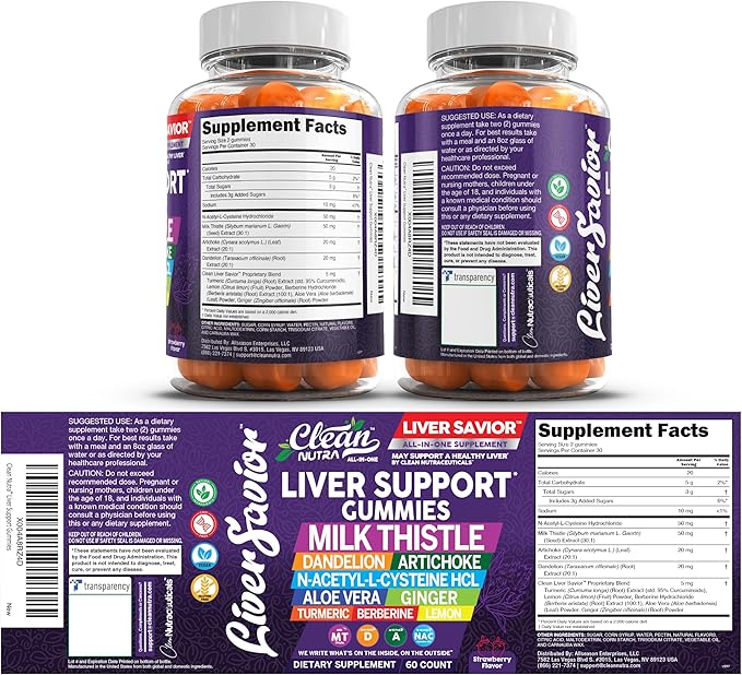 Clean Nutra Liver Cleanse Detox &amp Repair Gummies | Milk Thistle Gummy Liver Support Vitamins | Dandelion Artichoke Aloe Vera Ginger Berberine Lemon N-Acetyl-L-Cysteine Turmeric Supplement H