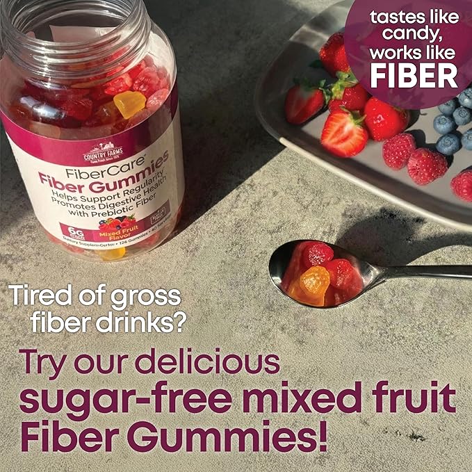 Country Farms Fiber Care Prebiotic Gummies 6g of Fiber Per Serving FOS from Beets Digestive Health Supports Regularity Mixed Fruit Flavor
