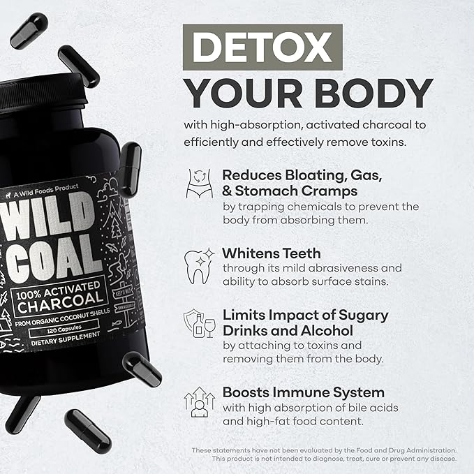 Wild Foods Activated Charcoal Capsules | 100% Organic Coconut Shells Active Tablets | Lab Tested &amp Non-GMO Pills | Made in USA (120 Capsules)