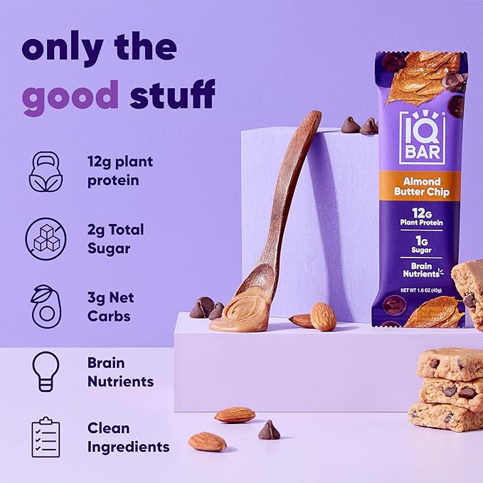 IQBAR Clean Plant Protein Bars - Almond Butter Chip - 24 Count - Keto Vegan High Fiber Gluten and Dairy Free Low Sugar Snack - Brain and Body Nutrients for Focus Energy Meal Replacement