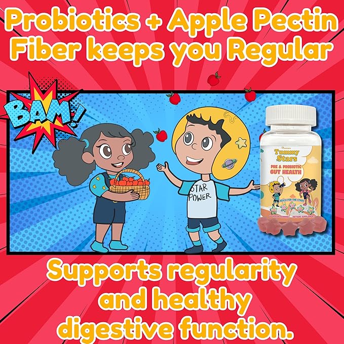 Tummy Stars Kids Multivitamin Gummies with Prebiotic &amp Probiotic + Fiber | Kids Vitamins for Gut Health Digestion Regularity &amp Immune Support | Vegan Children’s Gummies 60 Count