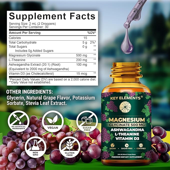 Liquid Magnesium Glycinate 500mg | Ashwagandha with L Theanine and Vitamin D3 Magnesium Supplement | Ashwagandha and Magnesium with L-Theanine | Stress Relief Sleep and Calm