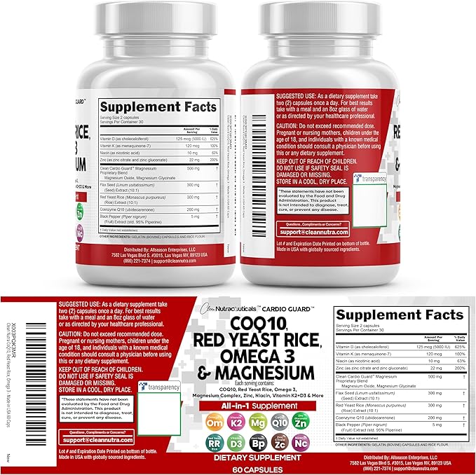 Clean Nutraceuticals COQ10 200mg Red Yeast Rice Omega 3 Magnesium Complex 500mg Niacin Zinc Vitamin K2 D3 - Heart Support Vitamins for Women &amp Men w/Vitamin B3 Coenzyme Q10-60 Ct
