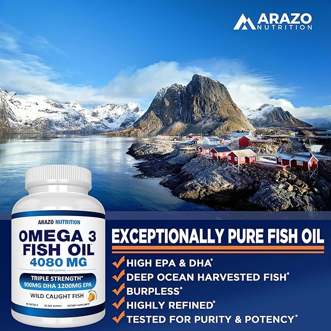 Arazo Nutrition Wild Caught Omega-3 Fish Oil Concentrate – 4080mg per Serving – High EPA 1200mg &amp DHA 900mg – 90 Burpless Lemon Softgels