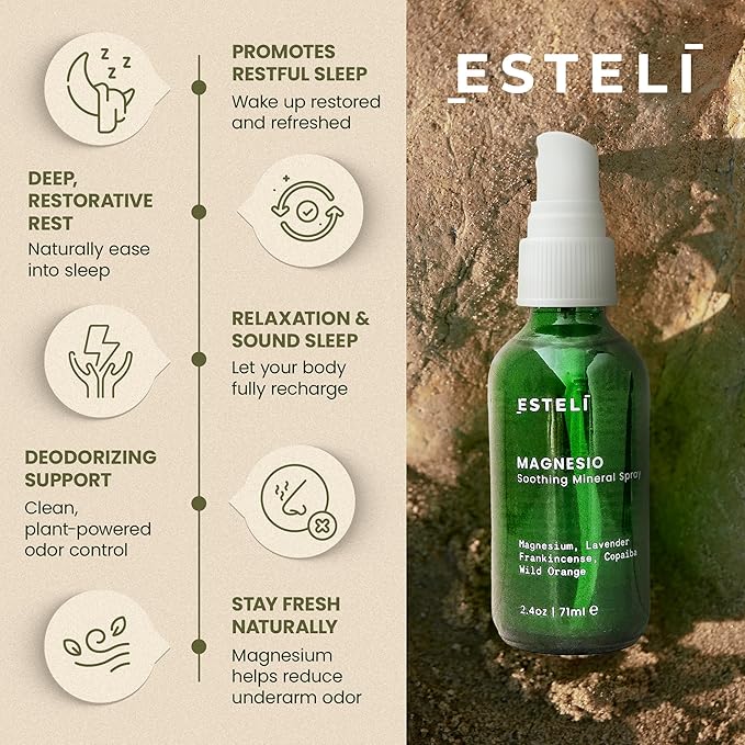 ESTELÍ – MAGNESIO Mineral Night Mist – Pure Zechstein Sea Magnesium Blend with Lavender Frankincense &amp Copaiba – Fast-Absorbing Aromatic Body Mist – Vegan &amp Clean Nighttime Ritual