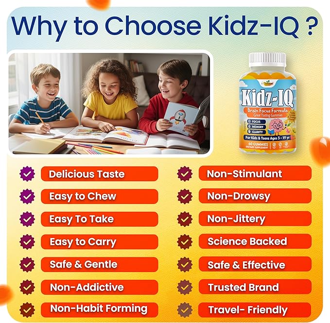 Kidz IQ Focus Gummies for Kids &amp Teens Omega 3 DHA Brain Vitamins for Kids Brain Supplements for Memory and Focus Orange Flavor Non-GMO Gluten-Free – 60 Gummies