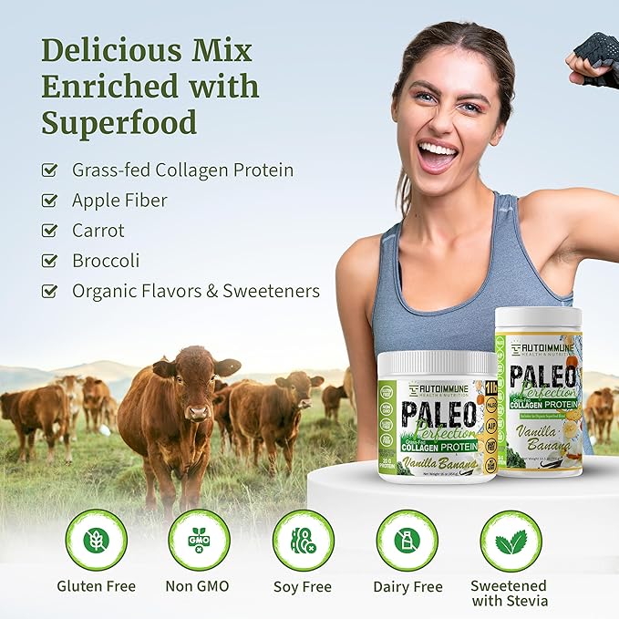 Paleo Perfection Vanilla Banana Grass Fed Beef Collagen Protein Powder with Stevia - Paleo Keto SCD AIP Protein Powder with Apple Fiber Carrot &amp Broccoli - 300g Protein Powder &amp Superfood