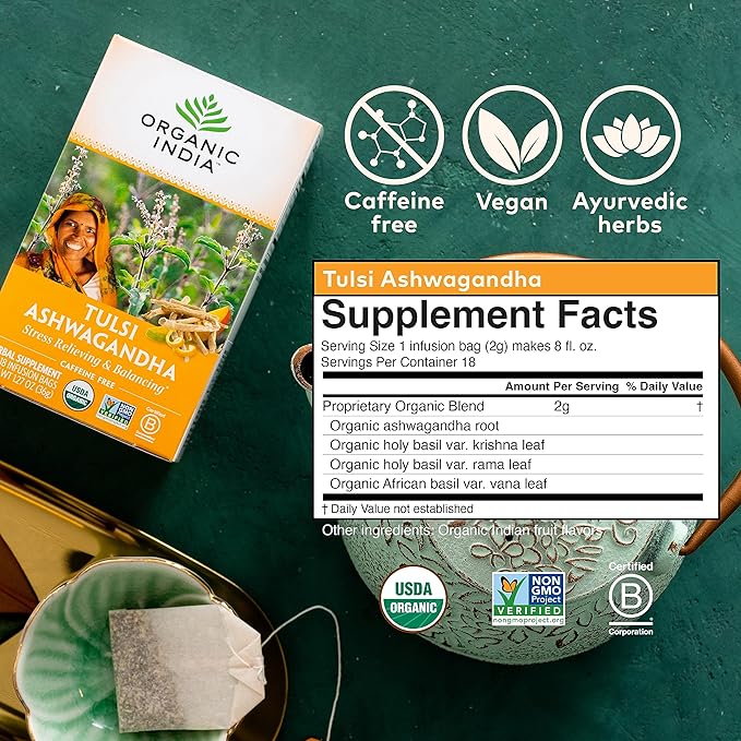 ORGANIC INDIA Calming Tulsi Ashwagandha Herbal Tea - Holy Basil Tea with Ashwagandha Root Supports Restful Sleep - Adaptogen Vegan USDA Certified Organic Non-GMO - 18 Infusion Bags 3 Pack