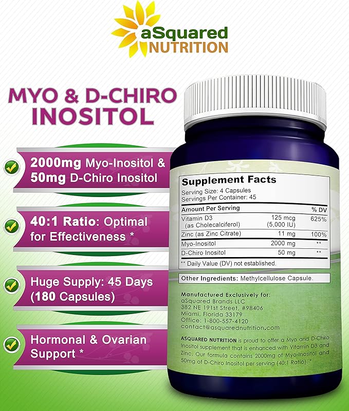 aSquared Nutrition Myo-Inositol &amp D-Chiro Inositol Supplement - 180 Capsules - Plus Vitamin D3 and Zinc - Myo &amp D-Chiro Inositol 40 to 1 Ratio - VIT B8 Complex Pills