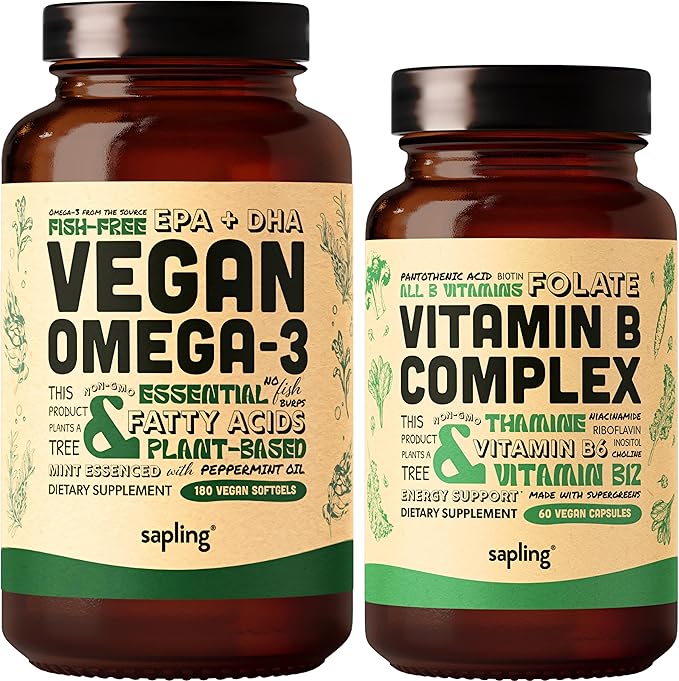 Vegan Omega 3 180 Softgels &amp Vegan Vitamin B Complex Bundle - Plant-Based DHA &amp EPA Fatty Acids Essential B Vitamins with Whole Food Blend B1 B2 B3 B5 B6 B7 Folate