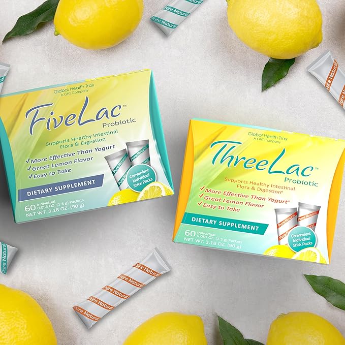 Global Health Trax GHT - FiveLac + Threelac Lemon Probiotic Powder Drink Mix Probiotics for Women Men Kids Smooth Digestive Support &amp Elimination Relieves Constipation &amp Gas - 60 Packets
