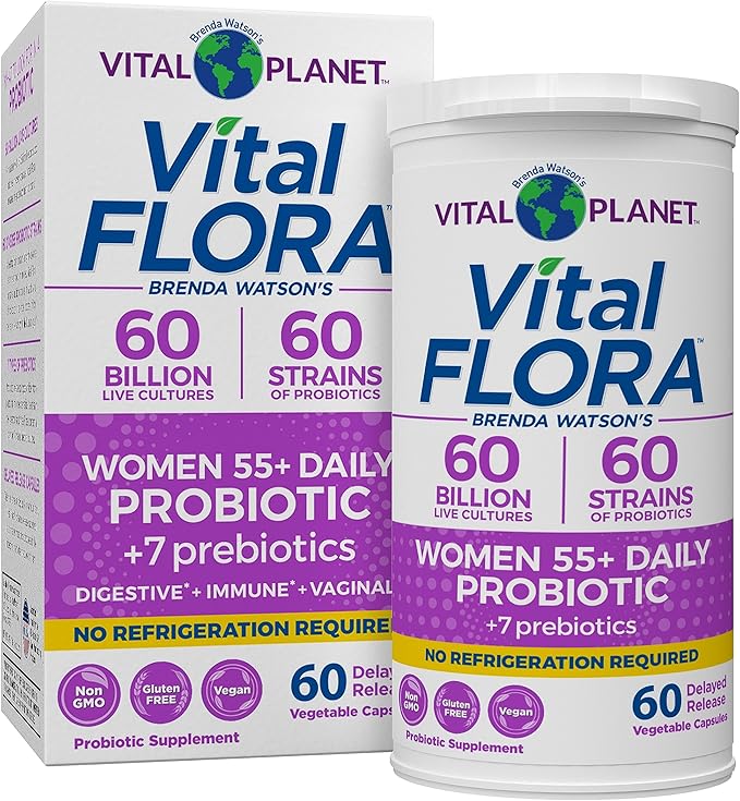 Vital Planet - Vital Flora Probiotics for Women Over 55 Daily Shelf Stable Probiotic 60 Billion CFU 60 Diverse Strains 7 Organic Prebiotics Immune Support and Digestive Health 60 Capsules