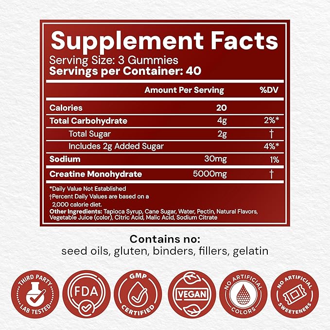 Creatine Monohydrate Gummies 5g - Watermelon Flavored Creatine for Women and Men - Supplement Supports Muscle Gain Energy Pre and Post Workout Focus &amp Cognition Recovery (120 count 40 serving