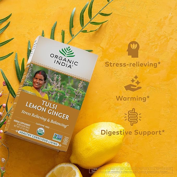 ORGANIC INDIA Tulsi Lemon Ginger Tea Bags - Herbal Tea Stress Relieving &amp Reviving Immune Support Aids Digestion Vegan USDA Certified Organic Non-GMO Caffeine-Free - 18 Infusion Bags 3 Pac
