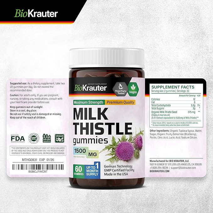 BIO KRAUTER® Milk Thistle Supplement for Liver Cleanse &amp Detox - Vegan Milk Thistle Extract for Men &amp Women Сontains Silymarin - 60 Liver Support Gummies 1500 mg Strength Blueberry Flavor -